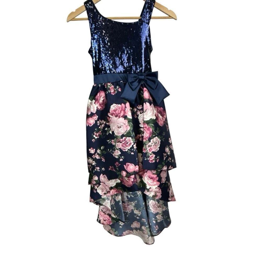 Bonnie Jean Formal Dress Sz 12 Navy Blue Pink Floral Sequin Sleeveless High Low